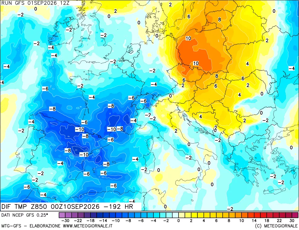 mappa Dif. Temp a 850 hPa Valid - Init