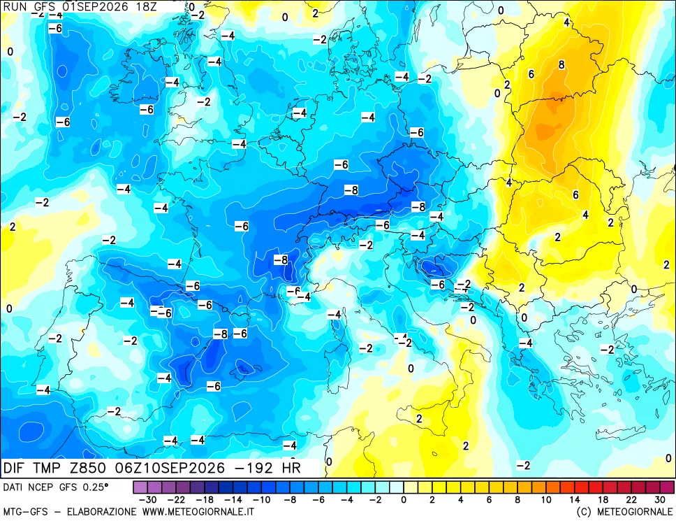 mappa Dif. Temp a 850 hPa Valid - Init