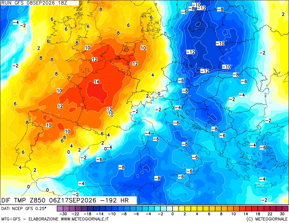 mappa Dif. Temp a 850 hPa Valid - Init