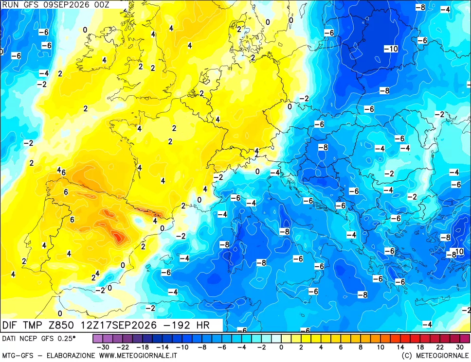 mappa Dif. Temp a 850 hPa Valid - Init