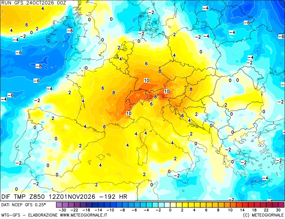 mappa Dif. Temp a 850 hPa Valid - Init