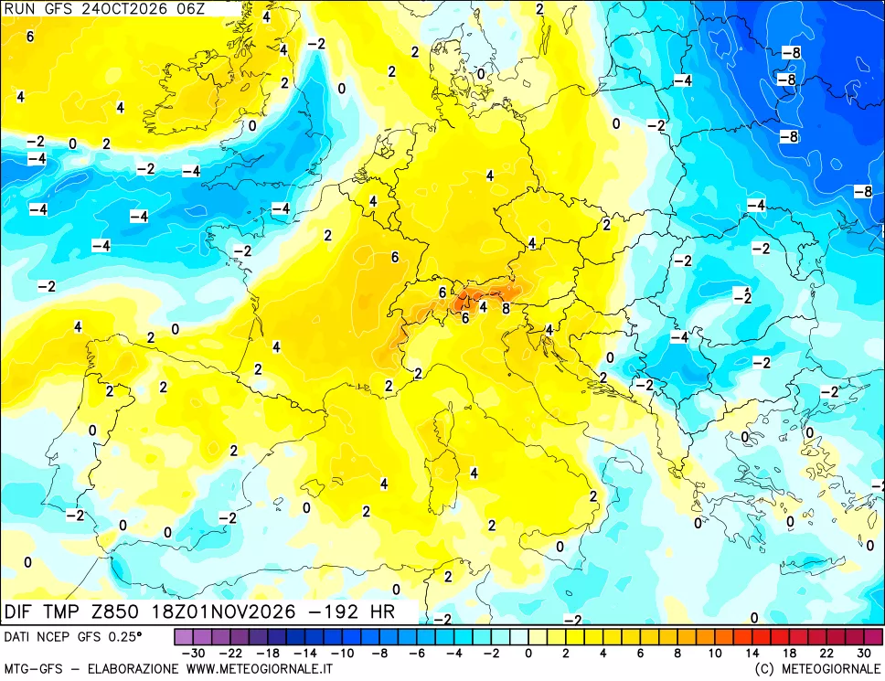 mappa Dif. Temp a 850 hPa Valid - Init