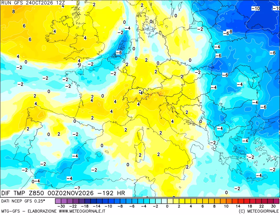 mappa Dif. Temp a 850 hPa Valid - Init