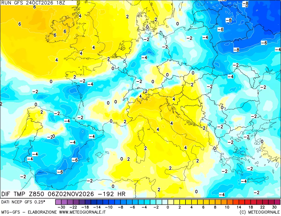 mappa Dif. Temp a 850 hPa Valid - Init