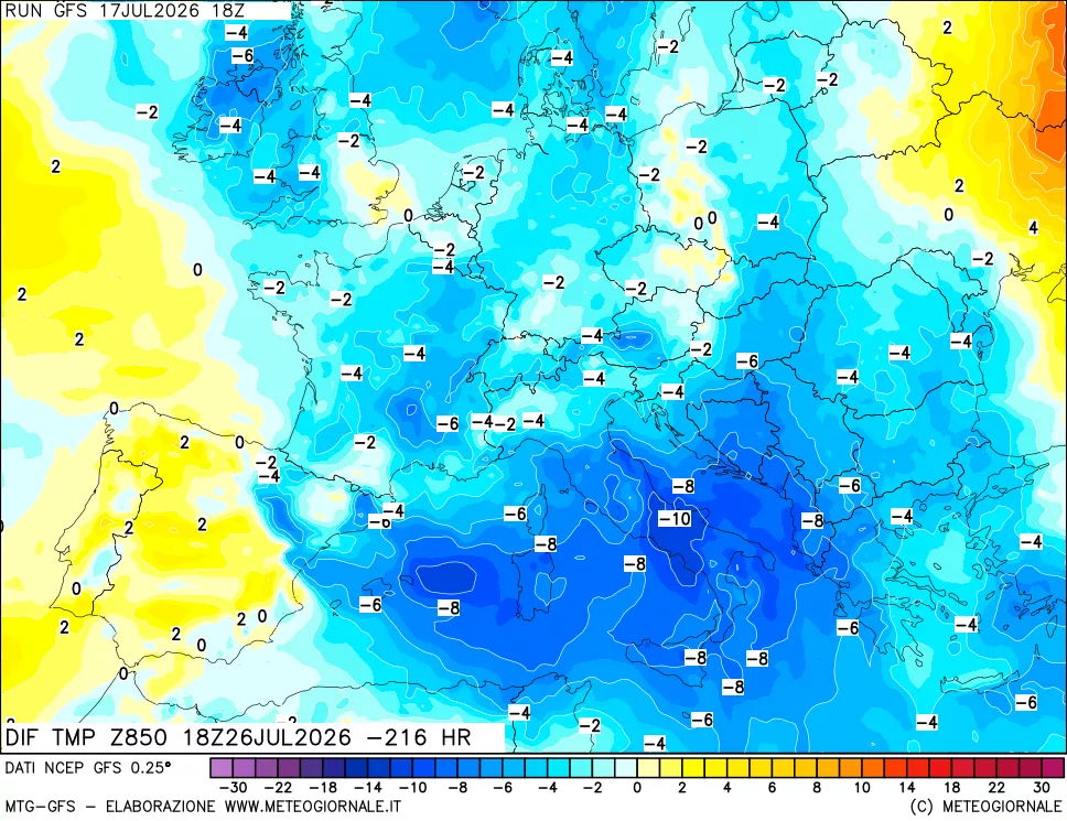 mappa Dif. Temp a 850 hPa Valid - Init