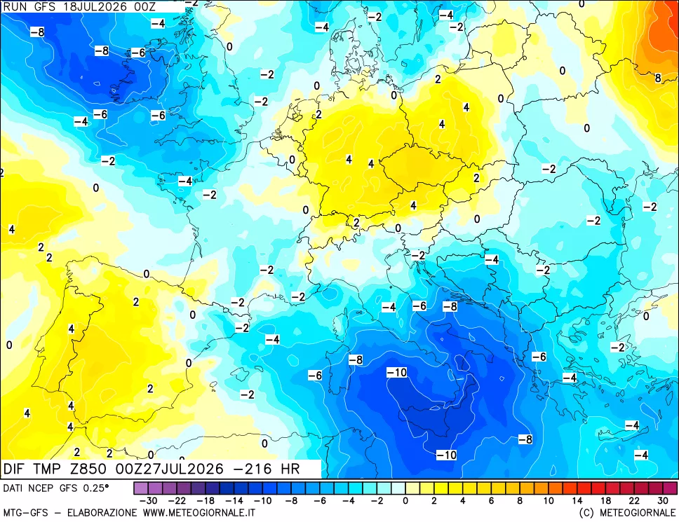 mappa Dif. Temp a 850 hPa Valid - Init