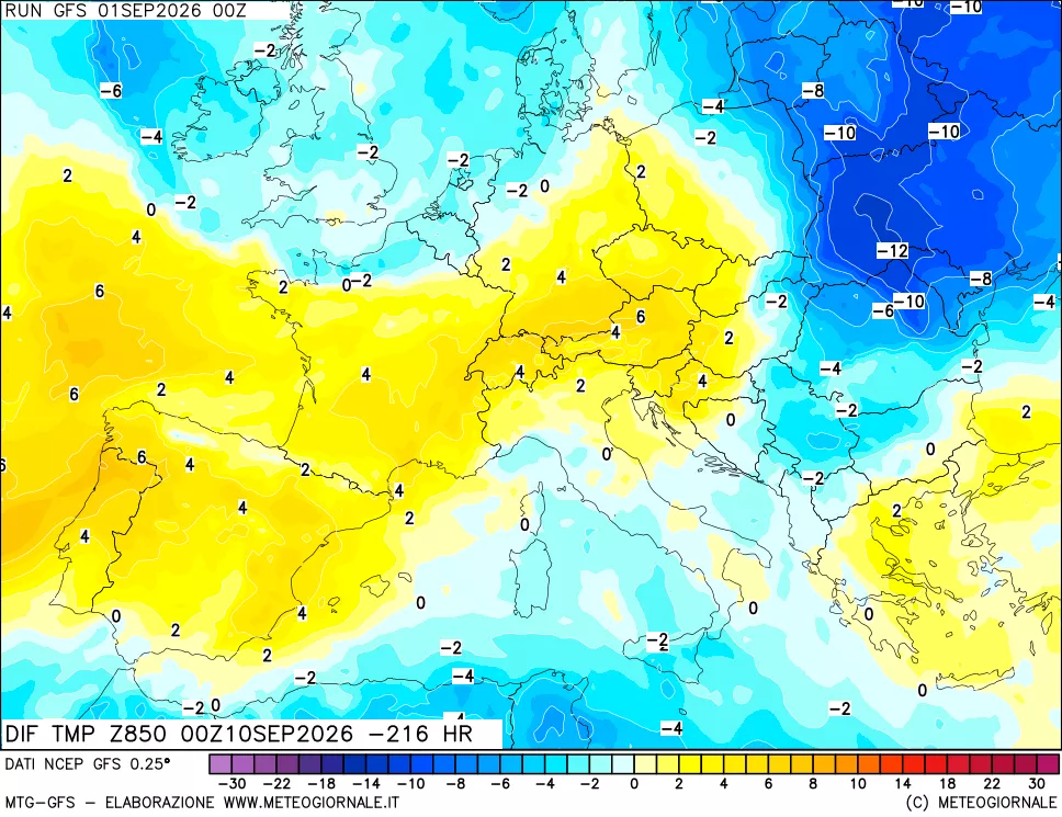 mappa Dif. Temp a 850 hPa Valid - Init
