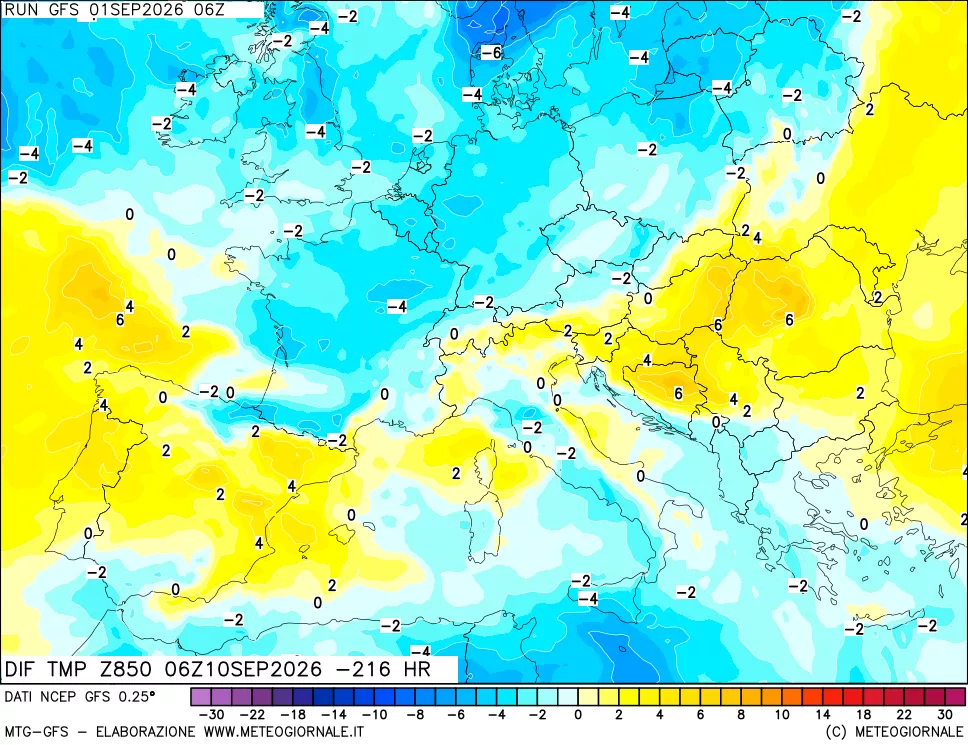 mappa Dif. Temp a 850 hPa Valid - Init