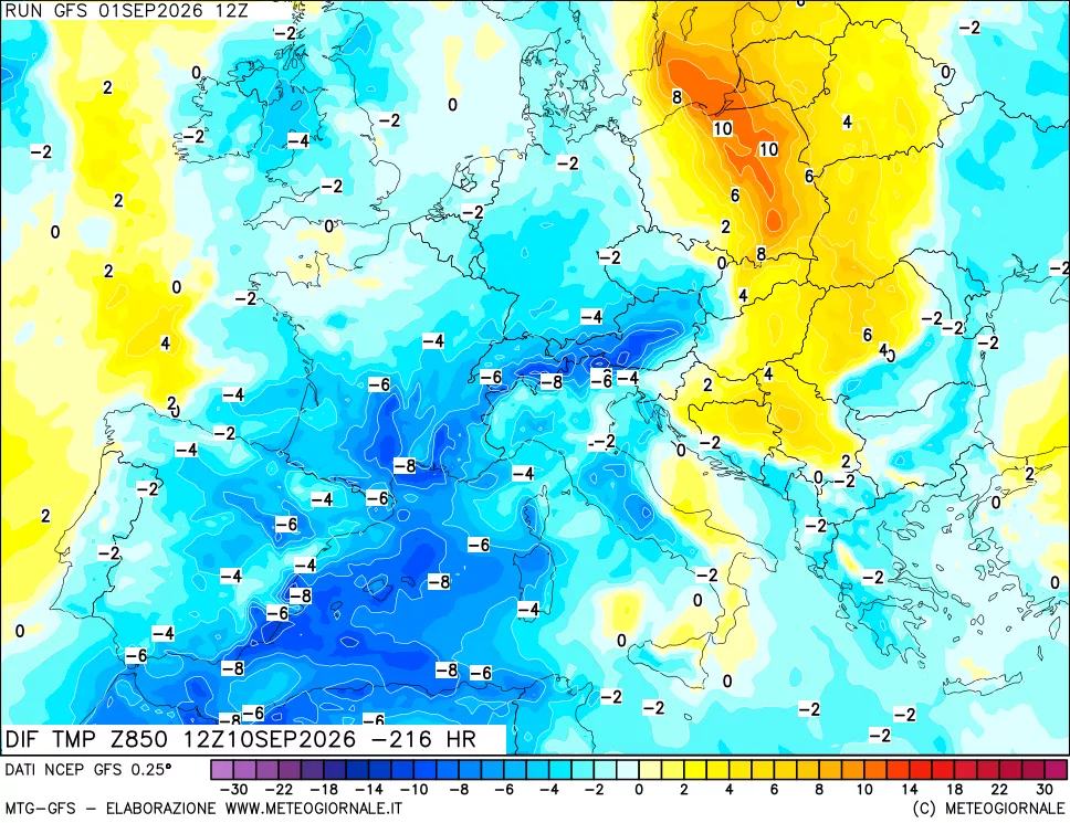 mappa Dif. Temp a 850 hPa Valid - Init