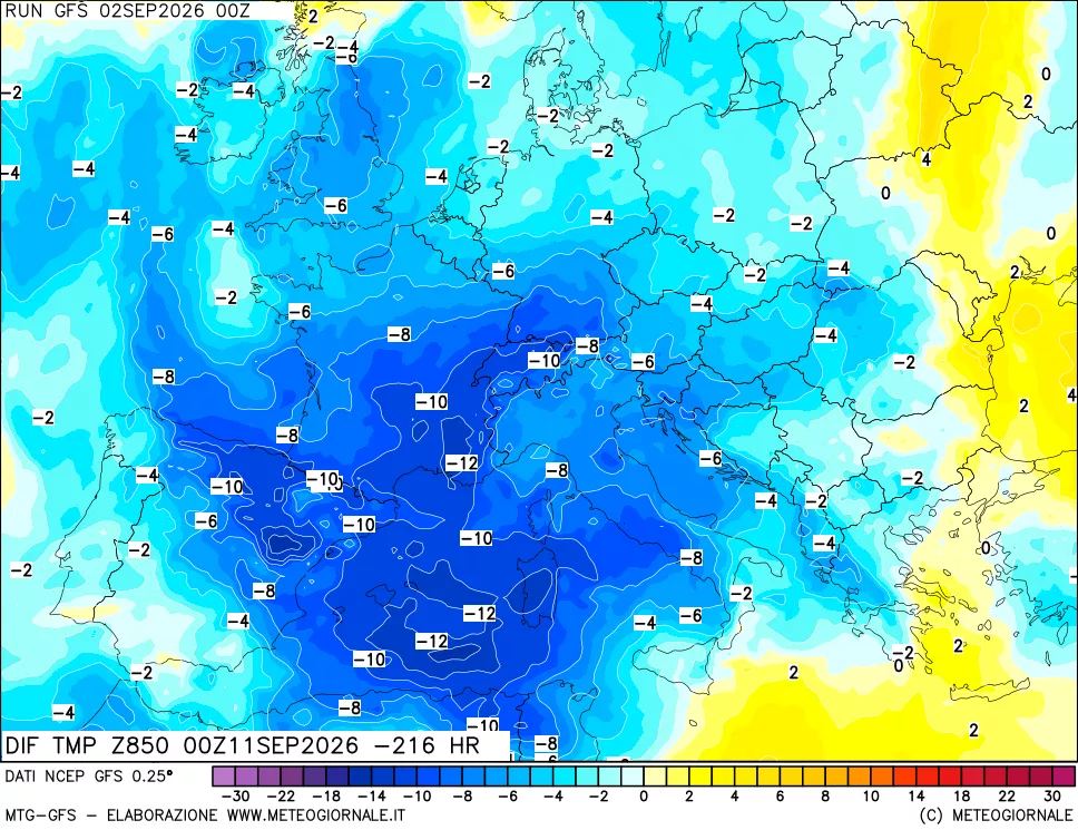 mappa Dif. Temp a 850 hPa Valid - Init
