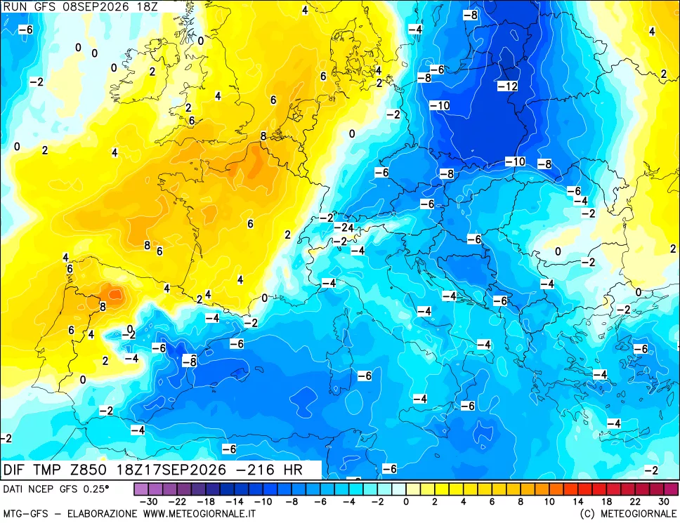 mappa Dif. Temp a 850 hPa Valid - Init