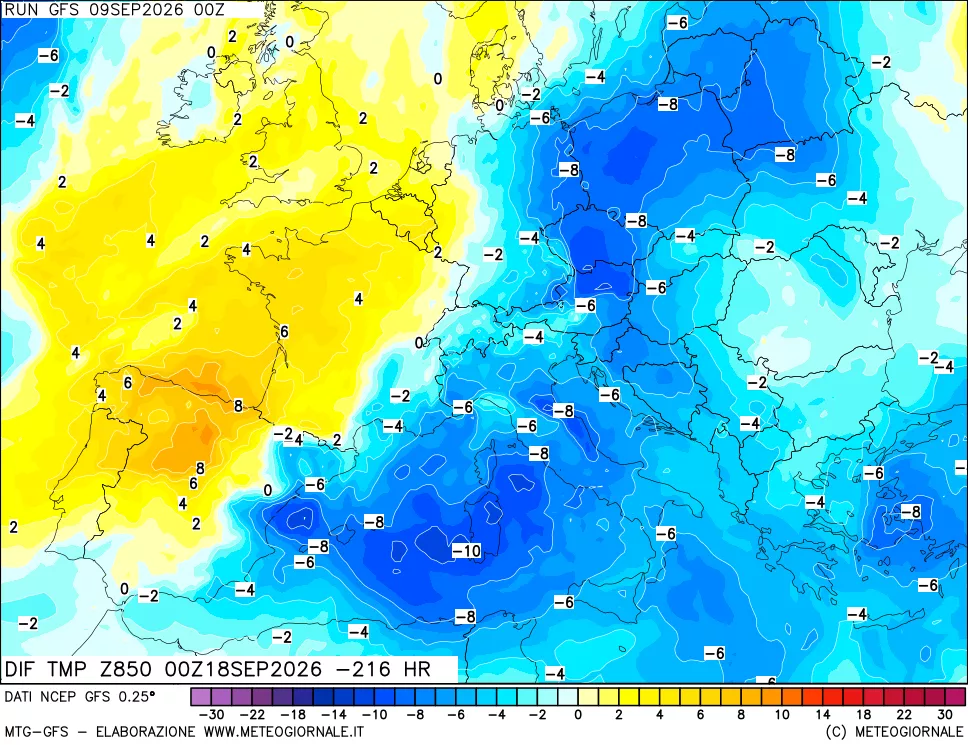 mappa Dif. Temp a 850 hPa Valid - Init