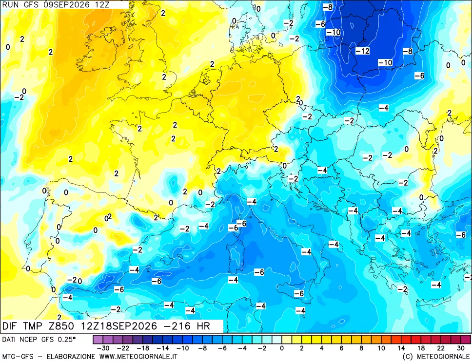 mappa Dif. Temp a 850 hPa Valid - Init