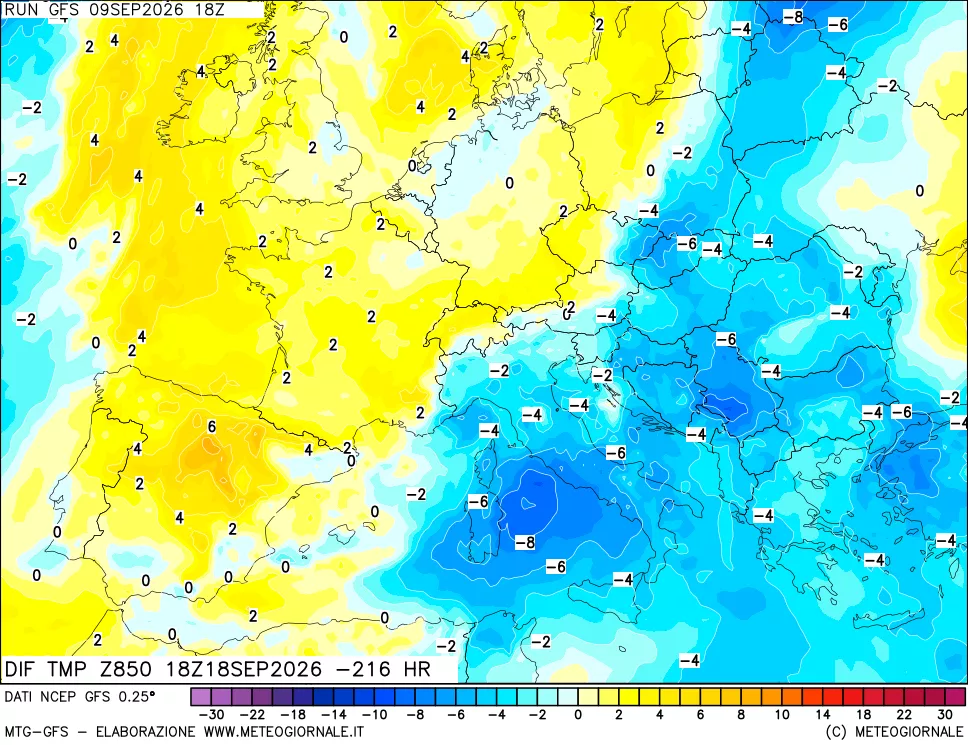 mappa Dif. Temp a 850 hPa Valid - Init