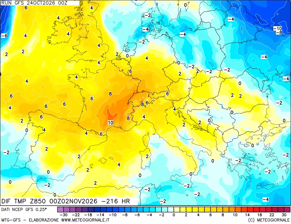 mappa Dif. Temp a 850 hPa Valid - Init