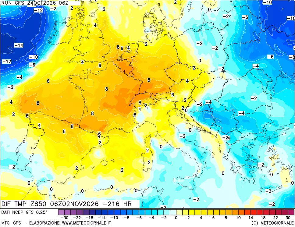 mappa Dif. Temp a 850 hPa Valid - Init