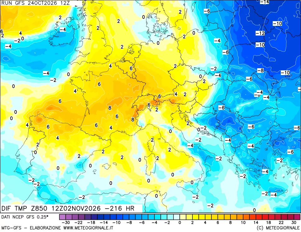mappa Dif. Temp a 850 hPa Valid - Init