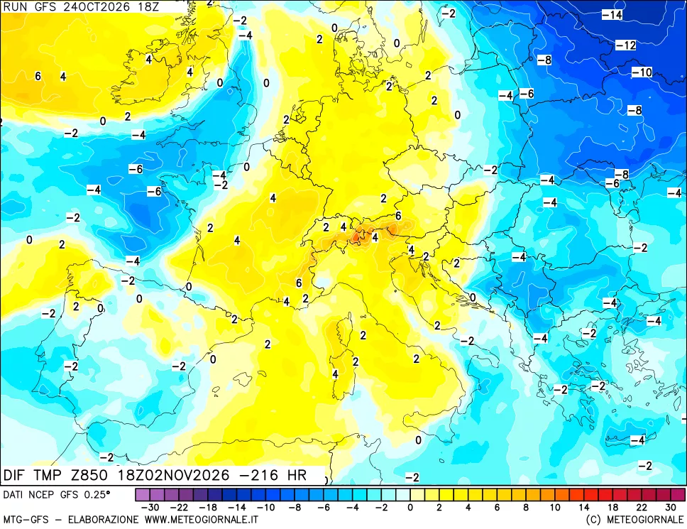 mappa Dif. Temp a 850 hPa Valid - Init