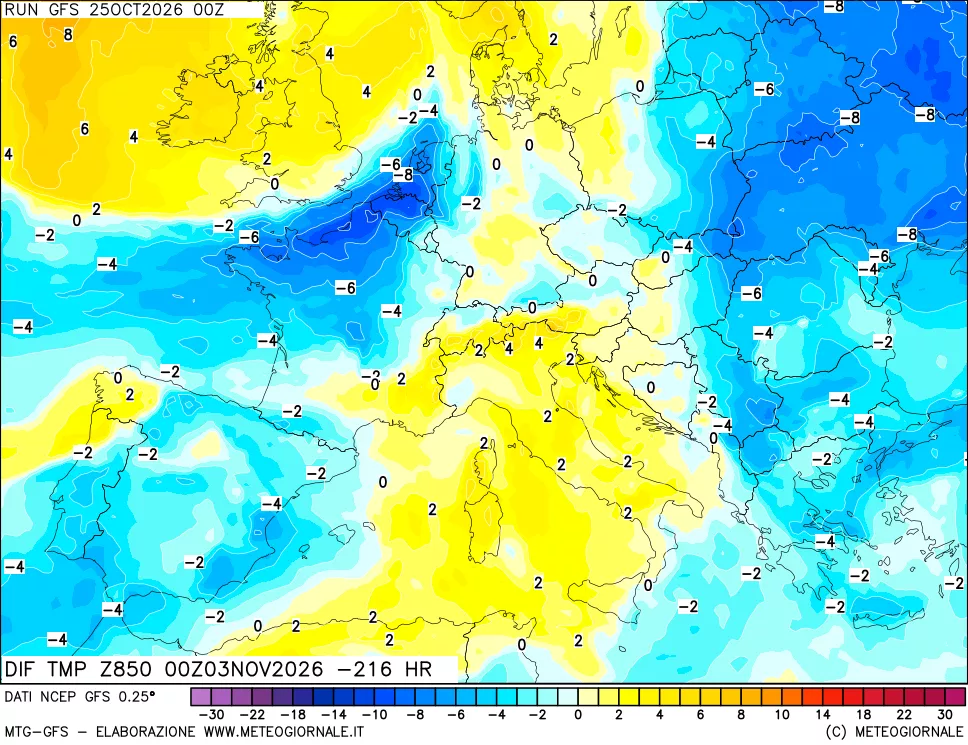 mappa Dif. Temp a 850 hPa Valid - Init