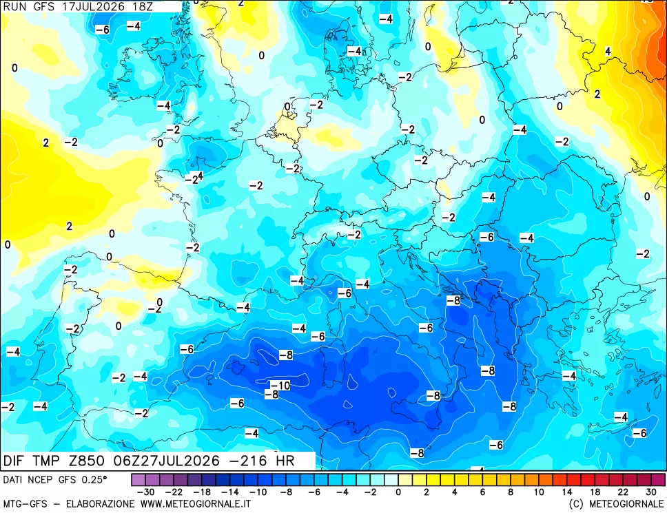 mappa Dif. Temp a 850 hPa Valid - Init