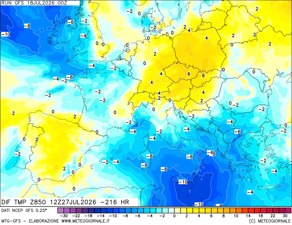 mappa Dif. Temp a 850 hPa Valid - Init