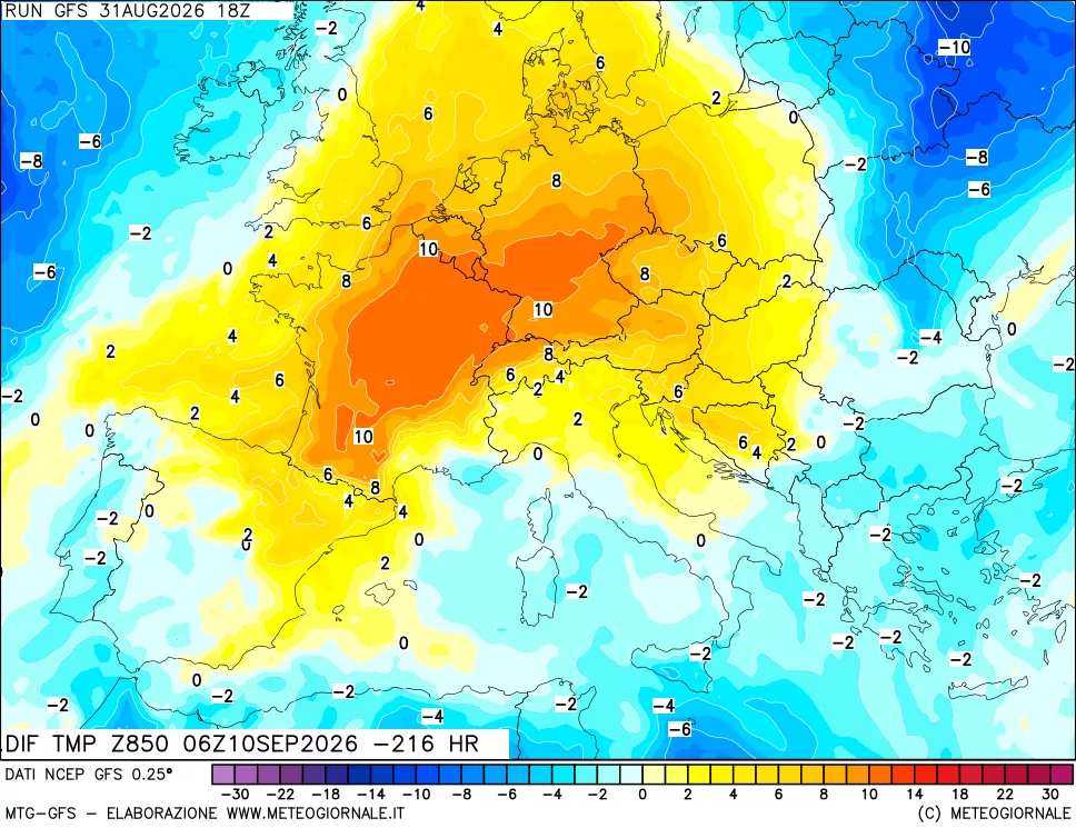 mappa Dif. Temp a 850 hPa Valid - Init