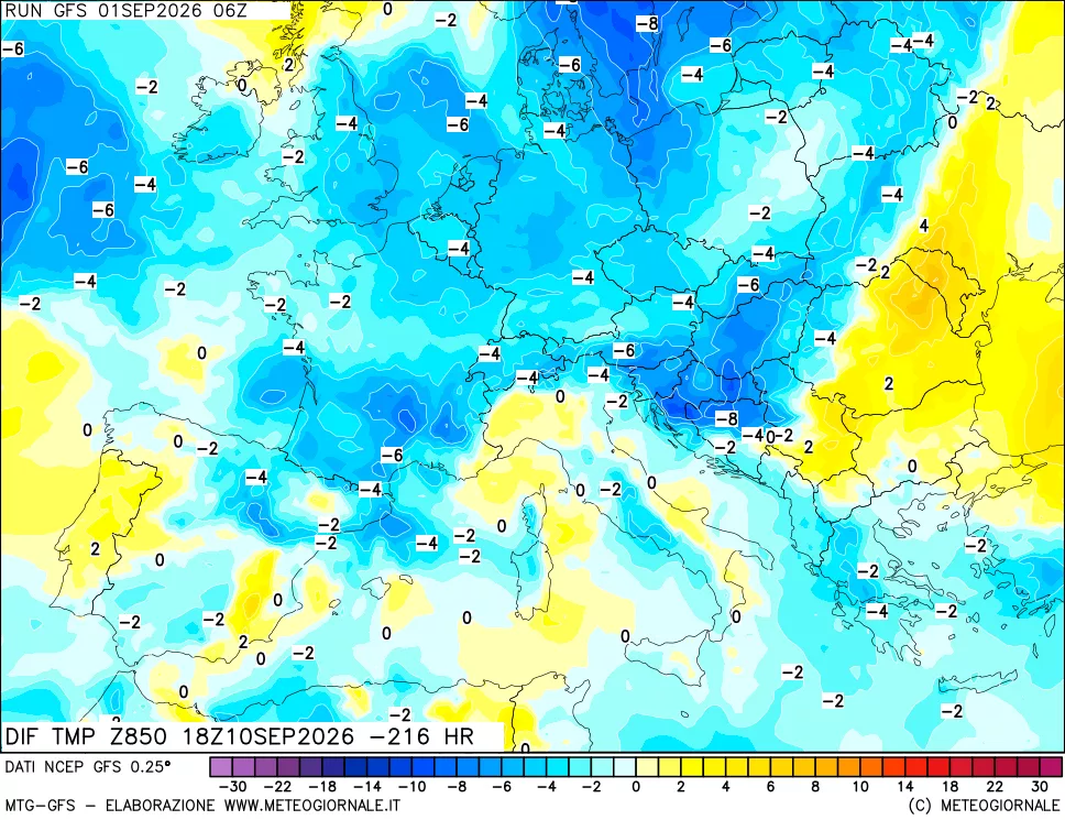 mappa Dif. Temp a 850 hPa Valid - Init