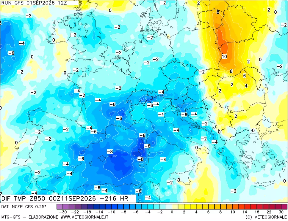 mappa Dif. Temp a 850 hPa Valid - Init