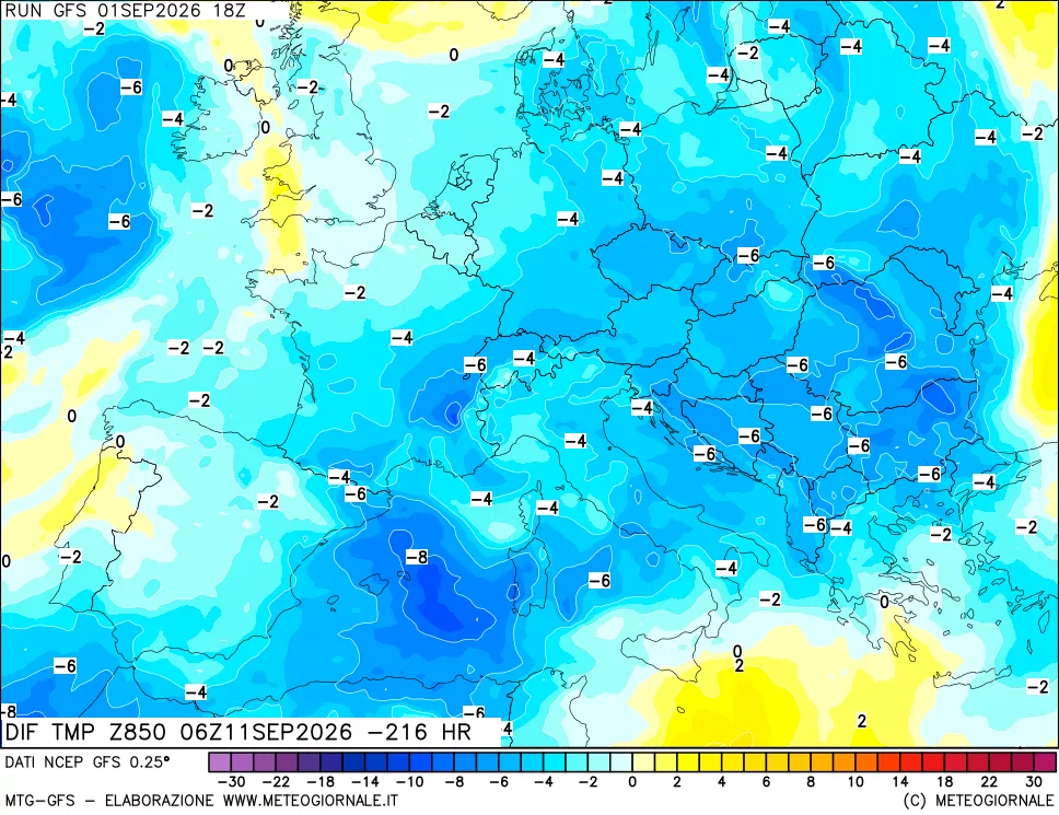 mappa Dif. Temp a 850 hPa Valid - Init