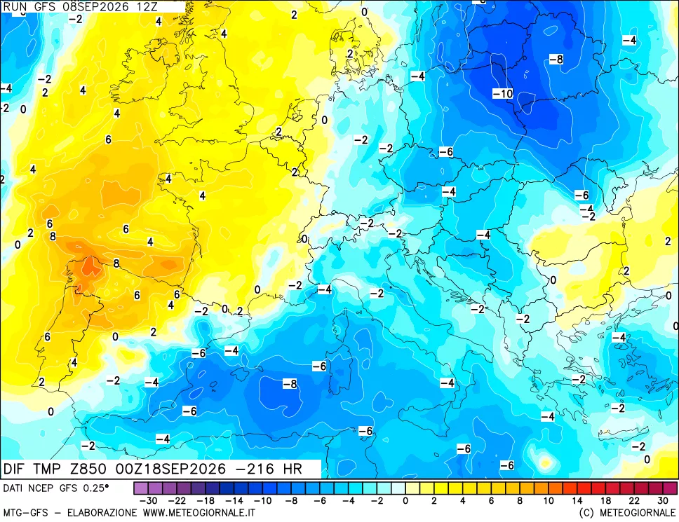 mappa Dif. Temp a 850 hPa Valid - Init