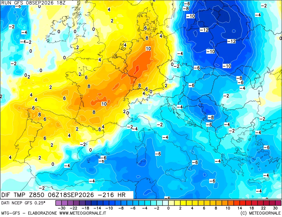 mappa Dif. Temp a 850 hPa Valid - Init