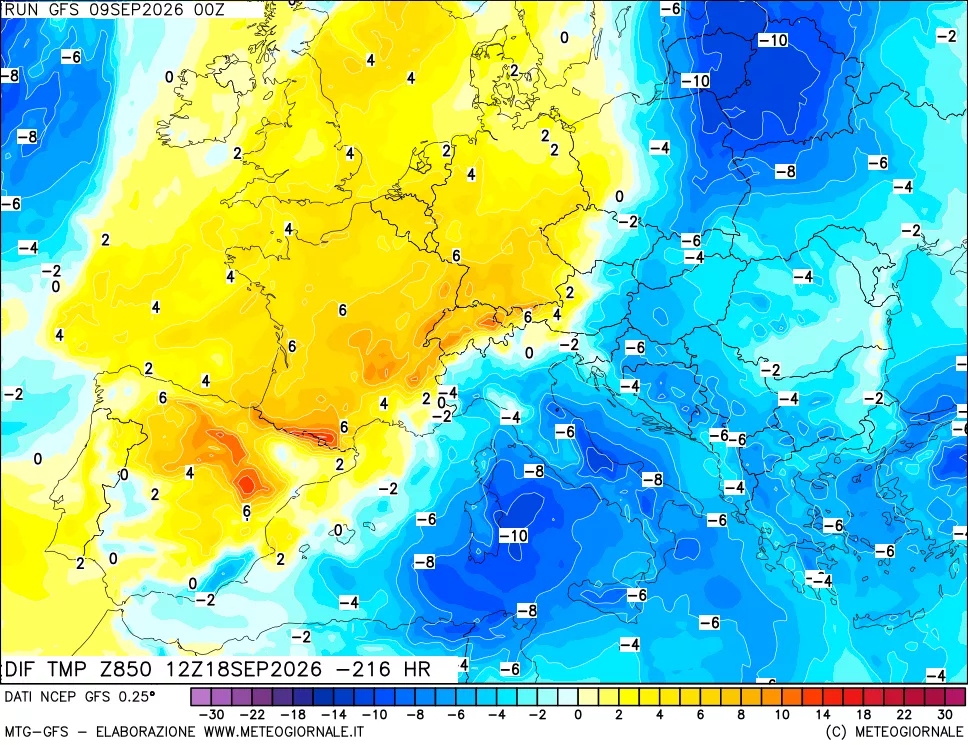 mappa Dif. Temp a 850 hPa Valid - Init