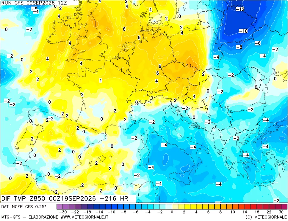 mappa Dif. Temp a 850 hPa Valid - Init