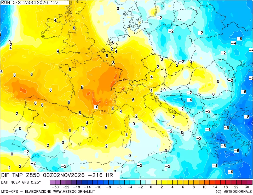 mappa Dif. Temp a 850 hPa Valid - Init