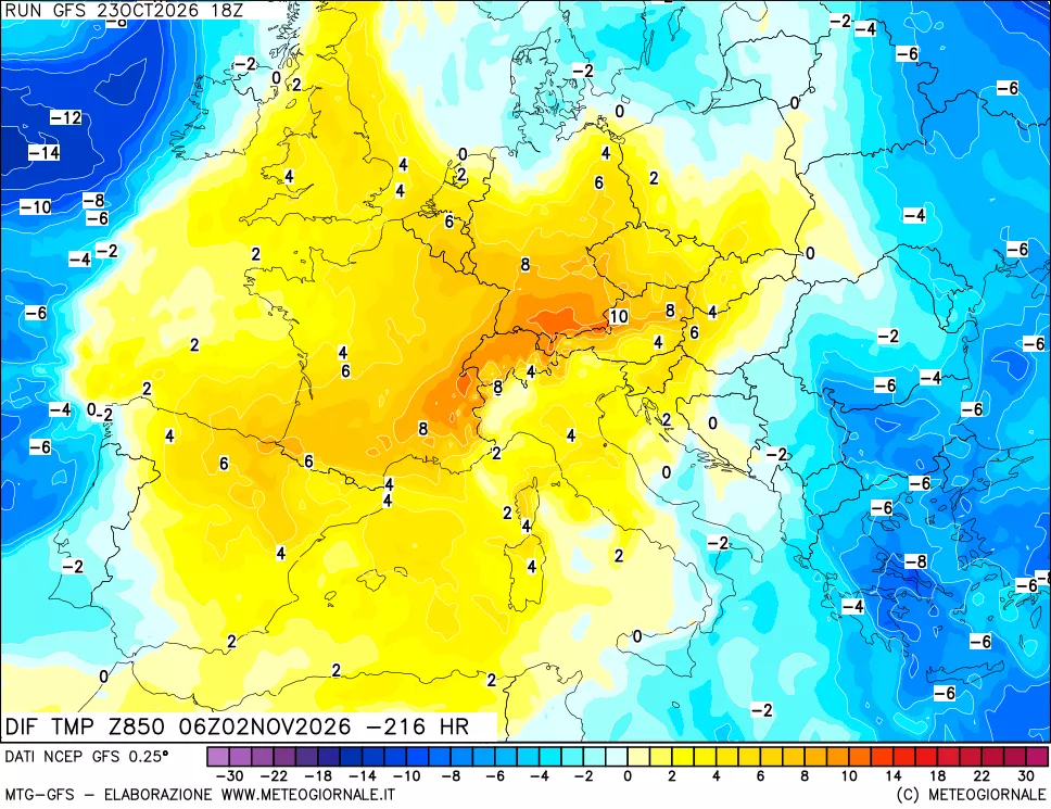 mappa Dif. Temp a 850 hPa Valid - Init