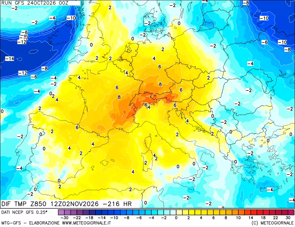 mappa Dif. Temp a 850 hPa Valid - Init