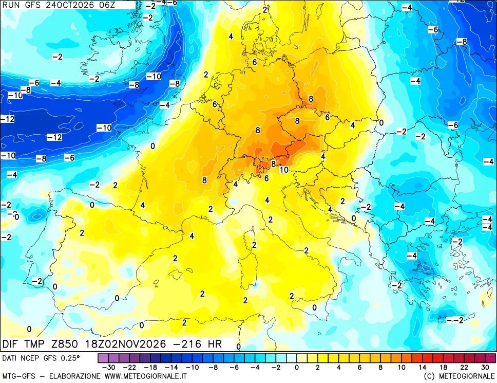 mappa Dif. Temp a 850 hPa Valid - Init
