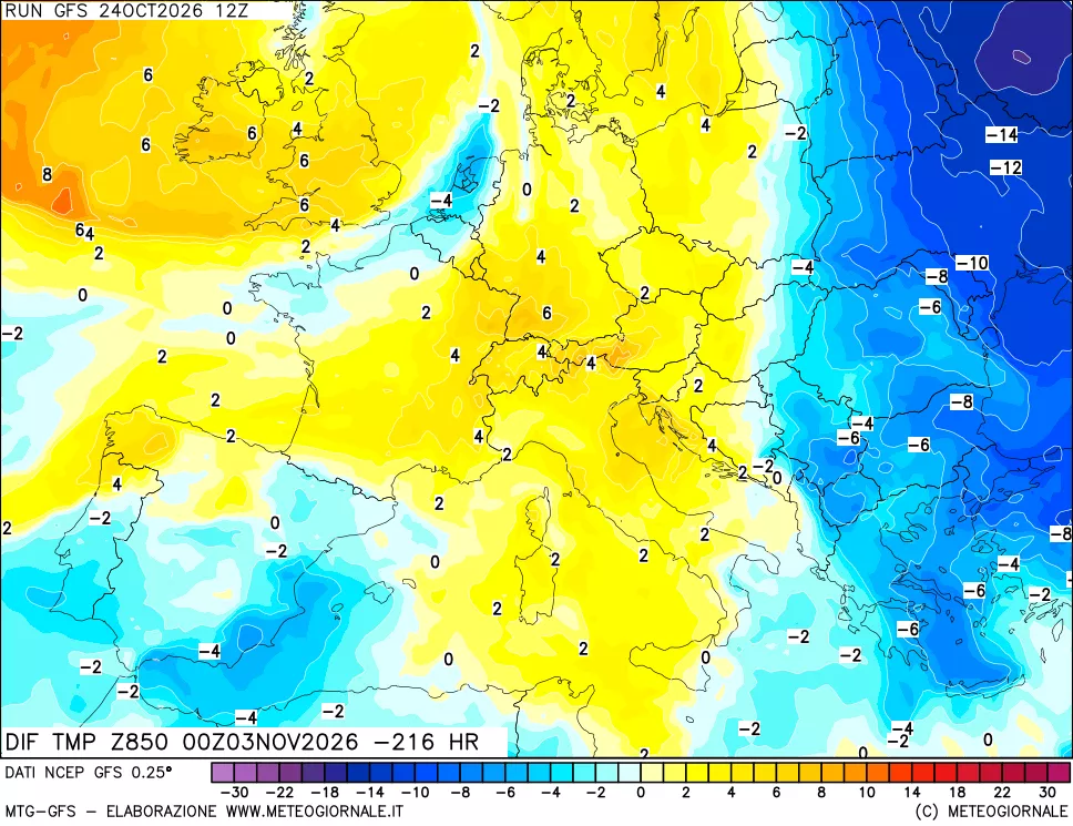 mappa Dif. Temp a 850 hPa Valid - Init