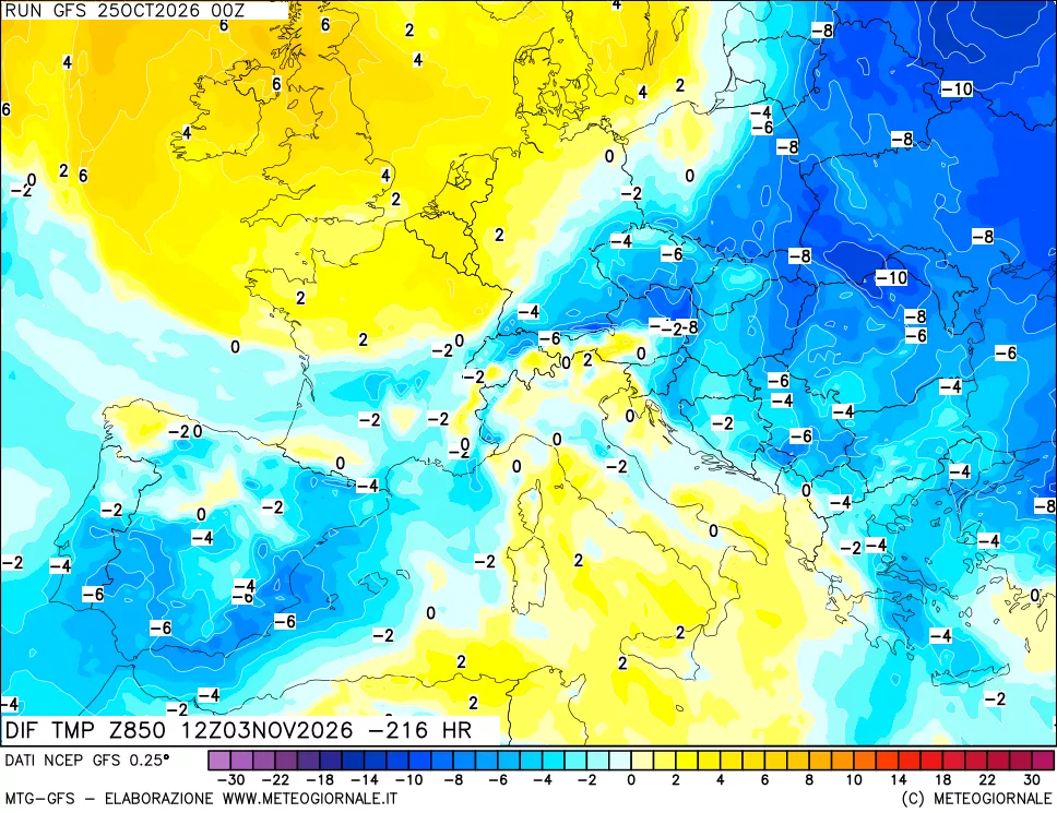 mappa Dif. Temp a 850 hPa Valid - Init