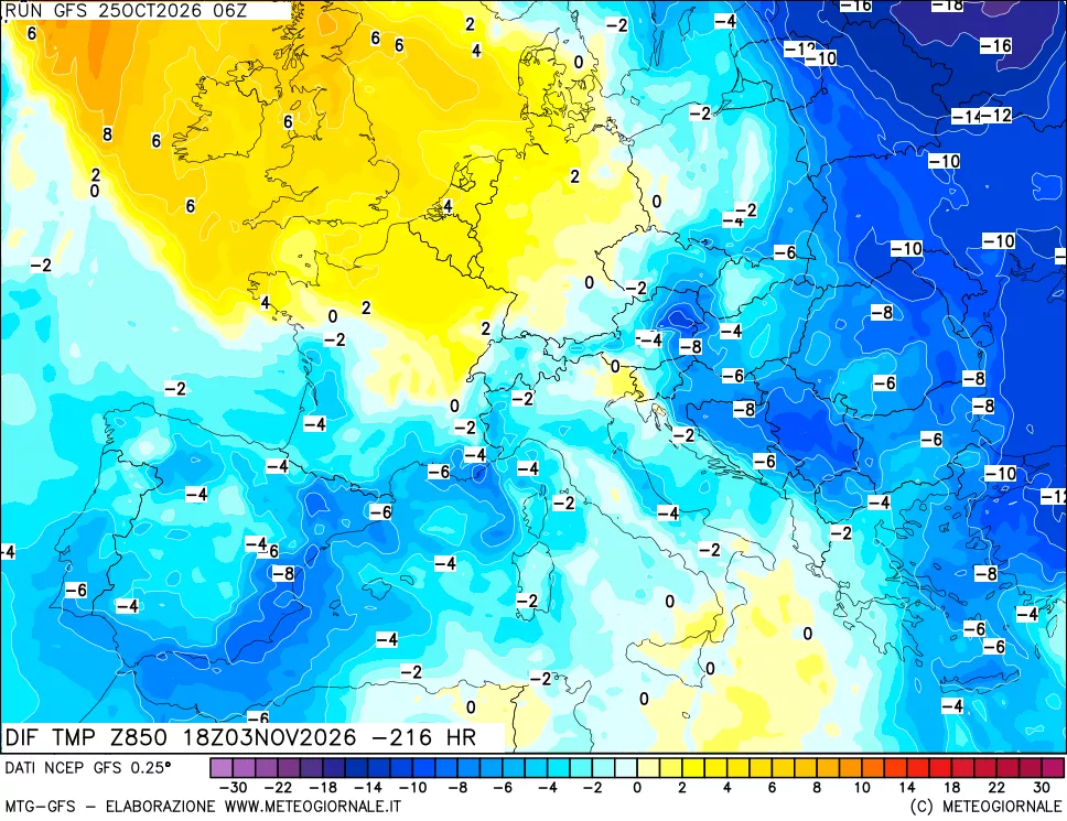mappa Dif. Temp a 850 hPa Valid - Init