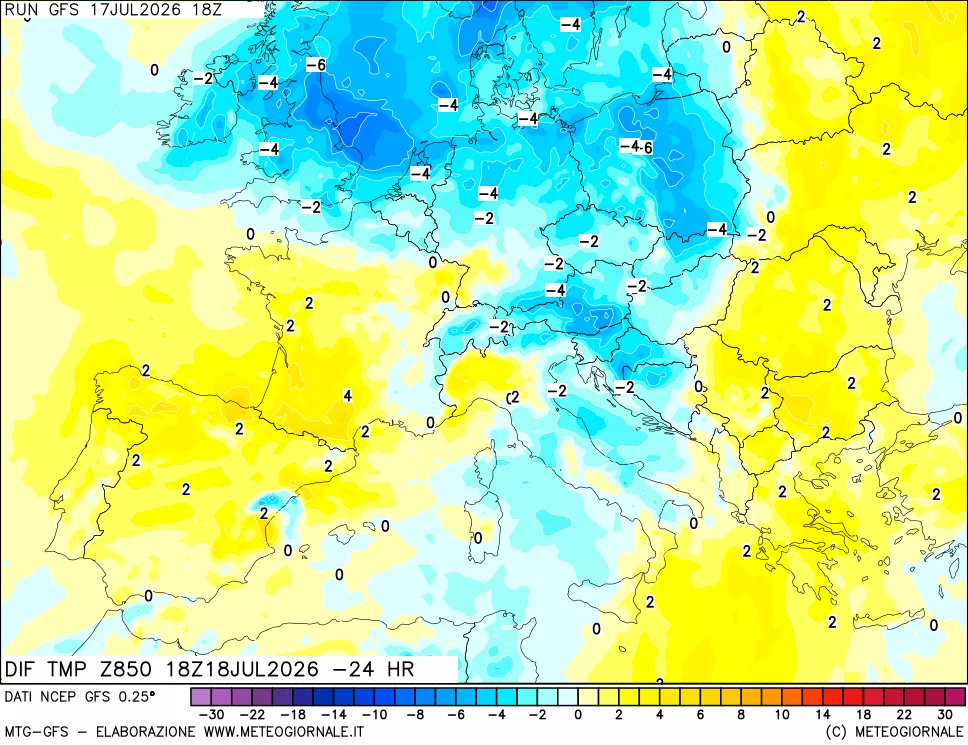 mappa Dif. Temp a 850 hPa Valid - Init