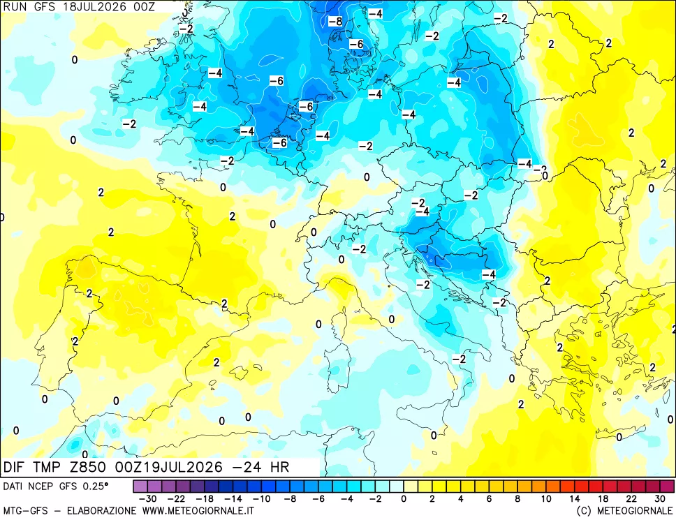 mappa Dif. Temp a 850 hPa Valid - Init