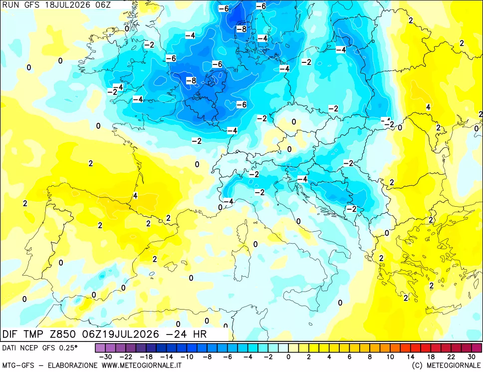 mappa Dif. Temp a 850 hPa Valid - Init