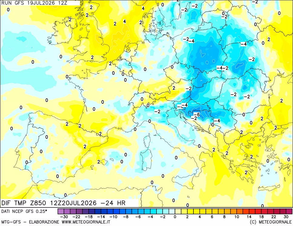 mappa Dif. Temp a 850 hPa Valid - Init