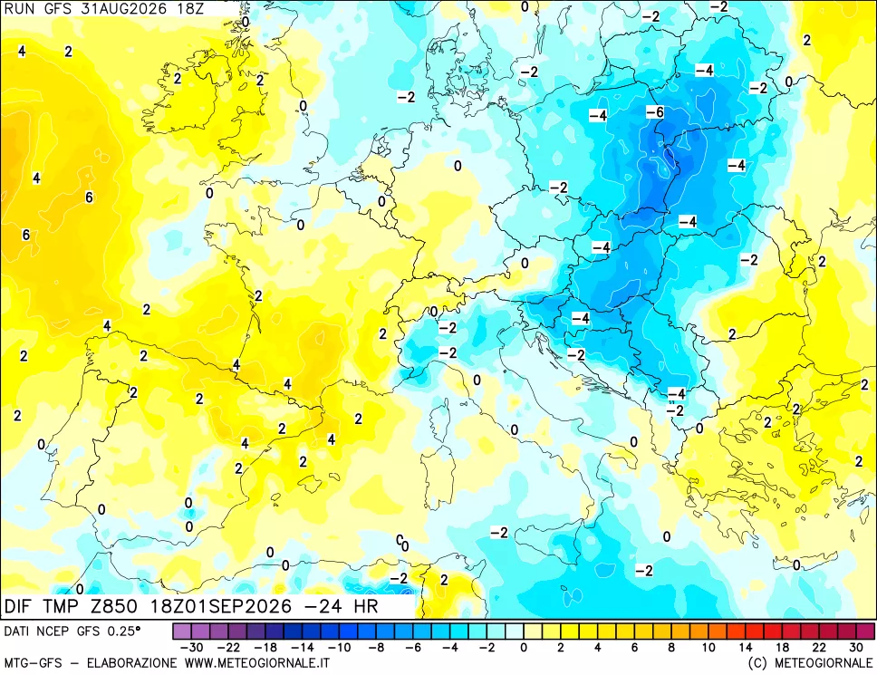 mappa Dif. Temp a 850 hPa Valid - Init