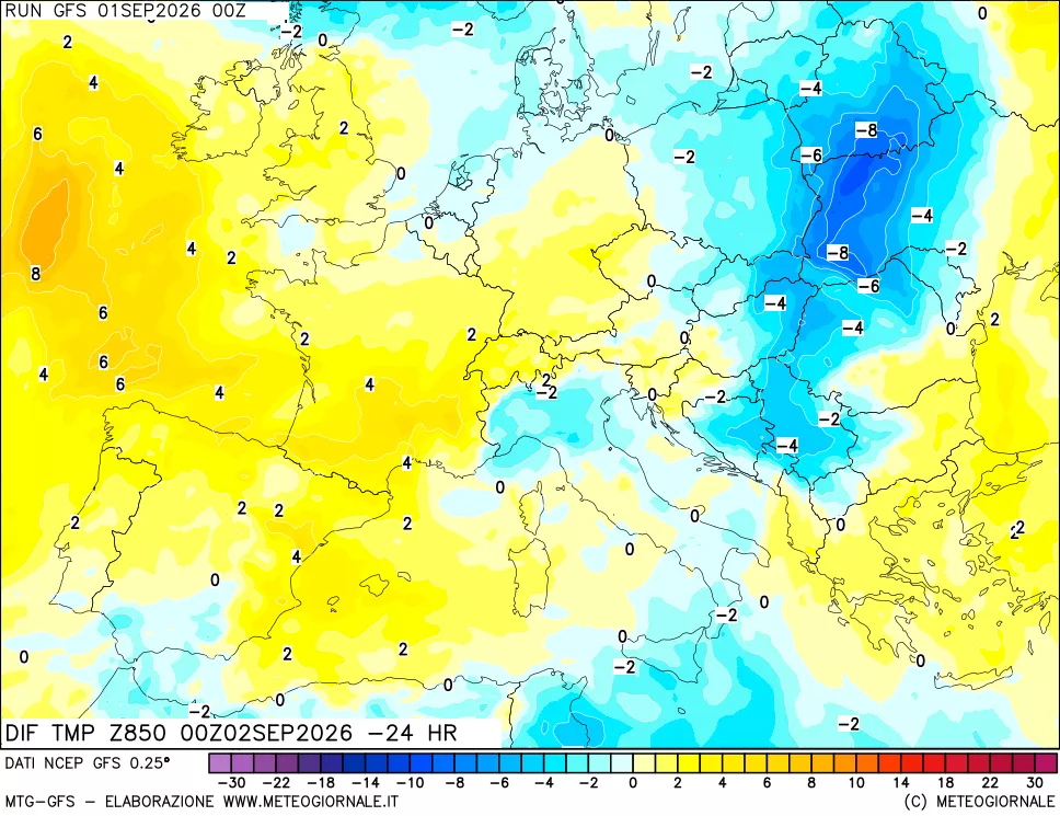 mappa Dif. Temp a 850 hPa Valid - Init