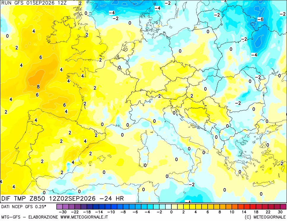 mappa Dif. Temp a 850 hPa Valid - Init