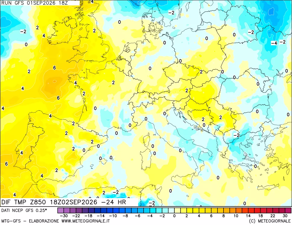 mappa Dif. Temp a 850 hPa Valid - Init