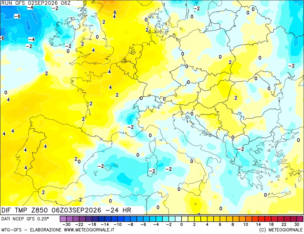 mappa Dif. Temp a 850 hPa Valid - Init