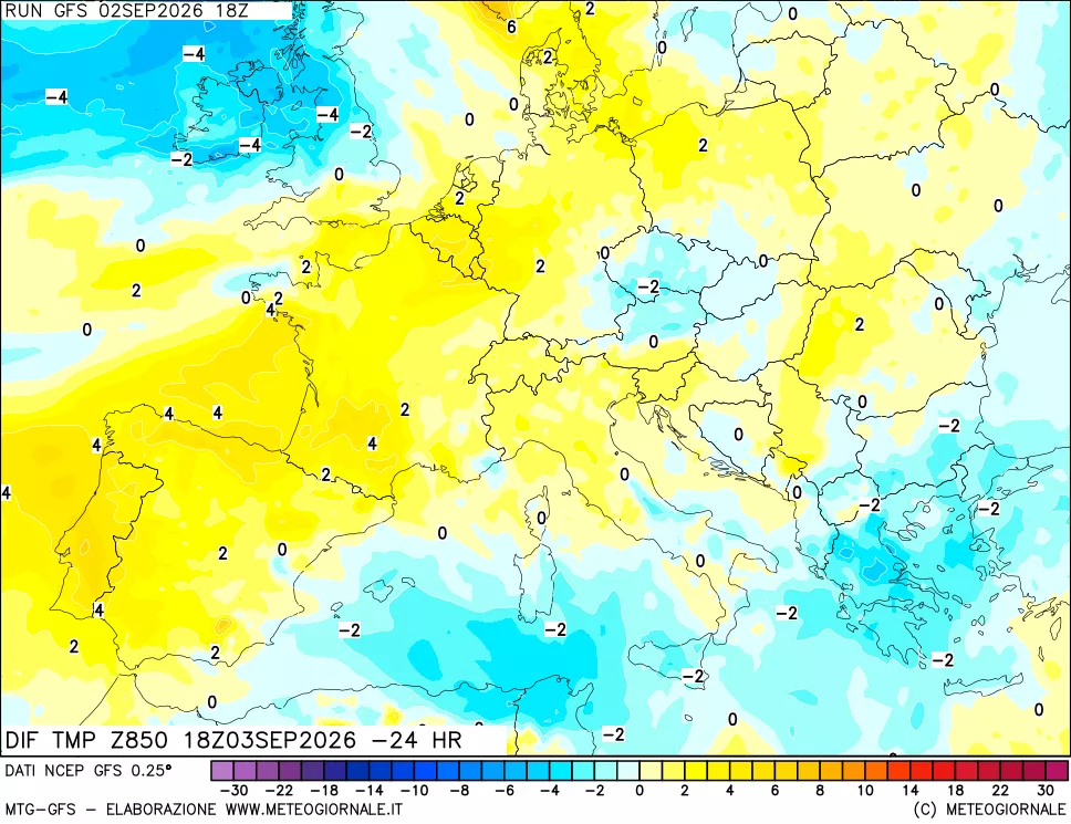 mappa Dif. Temp a 850 hPa Valid - Init